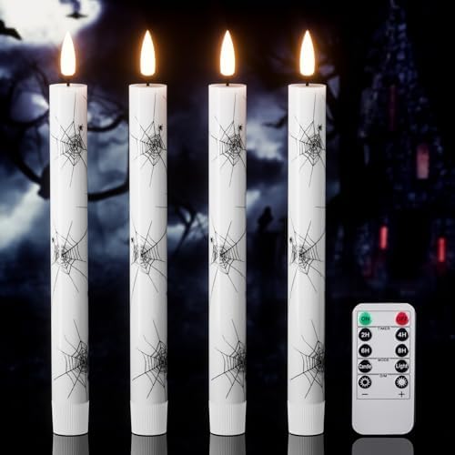 Halloween Flameless Taper Candles with Remote Timer, Cobweb Prints by Lasumora