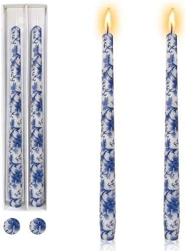 Floral Candlesticks Chinoiserie Candles - Set of 2 Blue and White Taper Candle 10 Inch Long Candle Sticks Dripless Tapered Candles for Home Decoration Wedding Party (8D2T-BLUWHT) by Gedengni