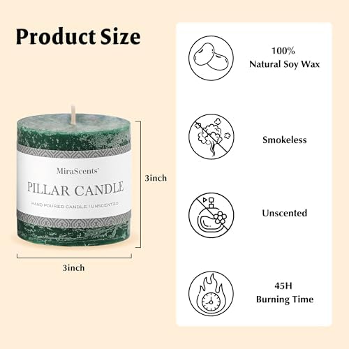 3x3 Inch Dark Green Pillar Candles Set of 3 - Hand-Poured Unscented Candles, Long Clean Burning, Dusty Sage Candle, Smokeless Dripless Candle for Dinner Table, Wedding, Home, Rustic Decor - Image 6