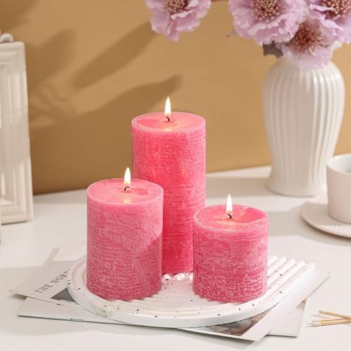3x6 Inch Pink Pillar Candles Set of 3 - Hand-Poured Unscented Candles, Long Clean Burning, Smokeless Dripless Candle for Dinner Table, Home, Bathroom, Wedding, Valentines Day Decor - Image 2