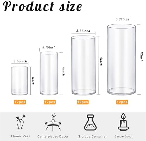 64 Pack Thick Glass Cylinder Vases 4,6,9,12 Inch Tall Clear Flower Vase Hurricane Floating Candle Holder for Table Centerpiece Wedding Home Decor - Image 2