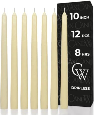 CANDWAX 10 inch Tapered Candles - Set of 12 Pearl Unscented Dripless Candlesticks - Perfect for Dinner - Ivory Candle by CANDWAX