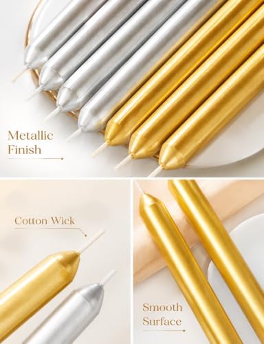 10 Inch Metallic Taper Candles - 6 Gold and 6 Silver, 7-8 Hrs Long Burning, Dripless Smokeless Unscented Candlesticks, Premium Wax Blend for Wedding Christmas Dinner Parties and Luxury Home Decor - Image 2