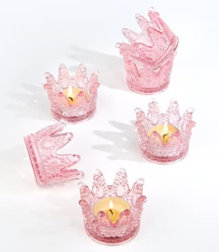 Vixdonos Votive Candle Holders Set of 6 Crown Glass Tealight Candle Holder for Wedding, Party and Home Decor (Pink) - Image 2