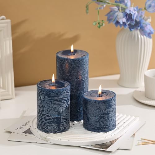 3x4 Inch Dark Blue Pillar Candles Set of 3 - Hand-Poured Unscented Candles, Long Clean Burning, Navy Blue Candle, Smokeless Dripless Candle for Dinner Table, Wedding, Home, Rustic Decor - Image 2