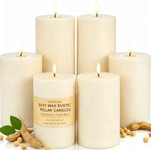 Soy Wax Creamy White Pillar Candles,Non-Toxic, 2.8x4 Inch,6 Pack,330 H Burn by MAKALONE