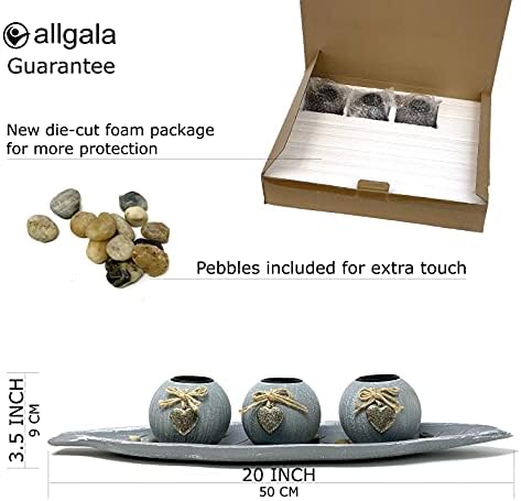 allgala HD90403 Wooden Candle Holder Tray 3 Ball Orbs Set Tealight Centerpiece with Pebbles on Leaf Tray for Coffee Table Dining Table Accents Bowl for Living Room Décor (Green) - Image 2