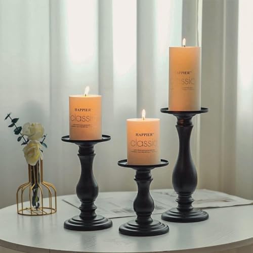 Matte Black Pillar Candle Holders Set of 3, 6/8/10 Inch Metal Stands for 3 or 4 Inch Pillars, Fireplace Mantel Table Centerpiece, Rustic Farmhouse Wedding Decor by Qualdout