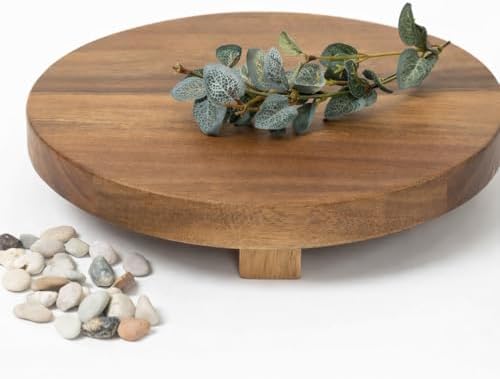 Kurrajong Farmhouse footed wooden stand. 10" wide and 2" high round Acacia Wood Riser. Wooden pedestal stand for Kitchen Counter, Coffee Station, Bathroom, Plants, Candles. Rustic Countertop Riser board by KurrajongFarmhouse