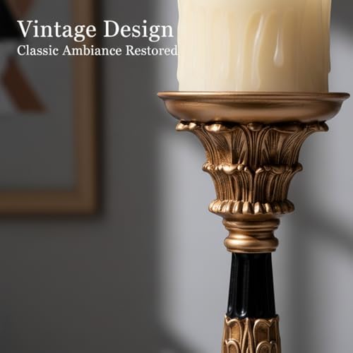 Resin Pillar Candle Holders Set of 3 – an Antique Gold Frame with Engraved Decorations (9", 7.5", 6") with 3.1" Tray & Velvet Anti-Slip Base for Table Centerpiece and Fireplace Mantel Decor - Image 2