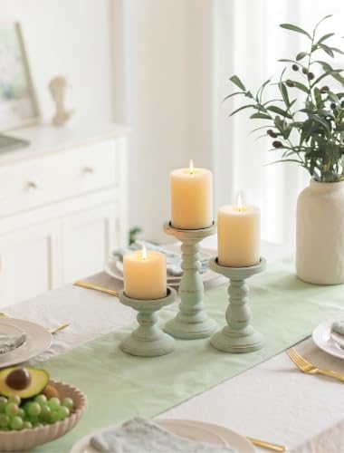 Wood Pillar Candle Holder: Distressed Sage Green Candle Stand - Image 3