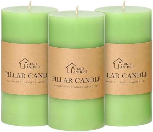 3x6 Inch Green Pillar Candles Set of 3 - Spring Easter St. Patrick's Day Green Candles - Decorative Unscented Pillar Candle, Long Burning Dripless Smokeless Large Pillar Candles for Wedding Decor by FUNDAMLIGHT
