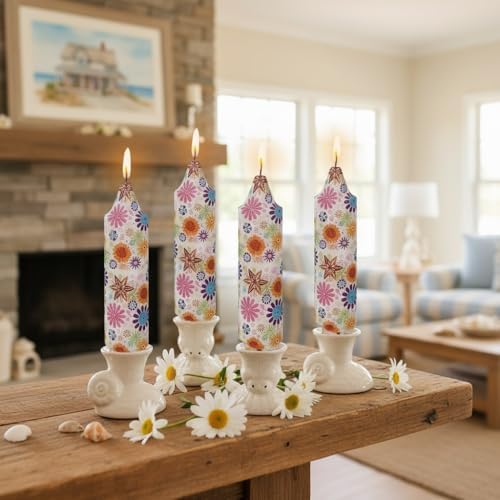 5 inch Short Candle Floral Candle Sticks Seashell Printed Candles Stick Handmade Unscented Taper Candle 4 Pack Flower Tapered Candles for Evening Wedding, Bohemian Seaside Theme Home Decor - Image 5
