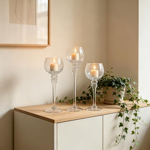 Hosley Set of 3 Crackle Clear Glass Tealight Holders -12 Inch, 10 Inch, 9 Inch Ideal for Weddings Special Events Parties - Image 3