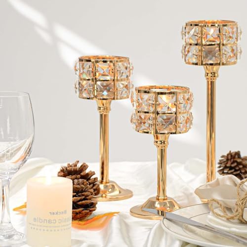 Crystal Metal Candle Holder, Square Crystal Beads Bling Tea Light Candlestick, Tall Votive Candelabra Elegant Centerpiece for Table Wedding Decoration, Home Decor (Gold, 4 Set (12pcs) - Image 4