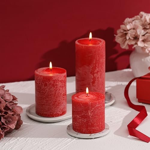 3x3 Inch Bright Red Pillar Candles Set of 3 - Hand-Poured Unscented Candles, Long Clean Burning, Large Big Candle, Smokeless Dripless Candle for Dinner Table, Wedding, Home, Rustic Decor - Image 4