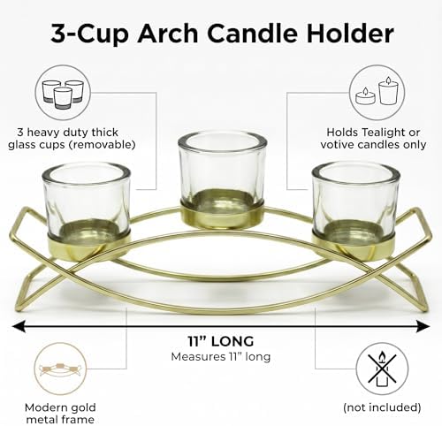 Seraphic Iron Arch Table Centerpiece Decorations Long Candle Holder for Weddings, Patio, Kitchen, Dining Room, and Coffee Tables, Gold, Clear Chunky 3 Cups - Image 4