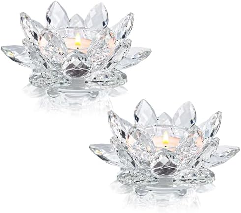 Crystal Lotus Flower Tealight Candle Holders/Glass Tea Light Candlestick Decor Decoration for Christmas Home Wedding Party… (Clean 2pcs) by KOLNLALA