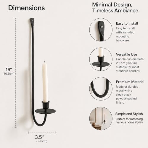 Metal Wall Candle Sconce Holder Set of 2 Wall Mount Candle Holder Holder Black Modern Wall Candle Sconces Hanging for Living Room Farmhouse Fireplace Wedding - Image 3
