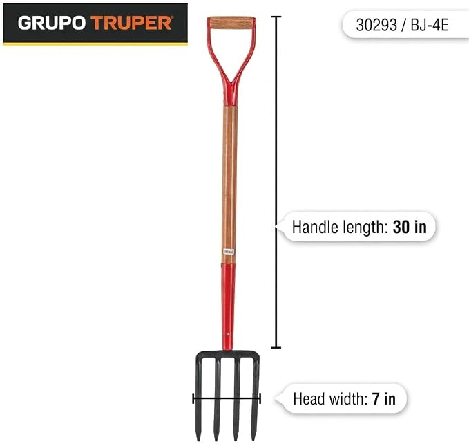 Truper Spading Fork, 4-Tine Steel Head, 30-Inch, Wood D-Handle, Heavy-Duty Garden & Landscaping Digging Fork (Model 30293)