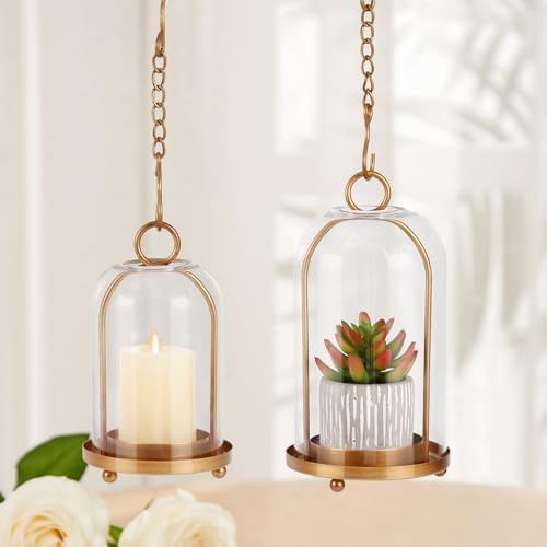 Vintage Brass Metal Candle Lantern with Thick Glass Dome Set of 2 - Image 5