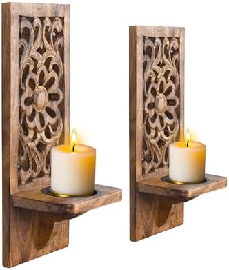 Wooden Wall Floral Carved Candle Sconces, 16 Inch – Burnt - Image 2