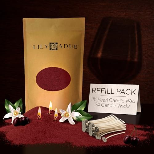 LILY LADUE Sand Candle Refill Kit - 1Lb/16Oz Cherry Scented Aroma Beads, Red Pearled Candles Sand and Wicks (24) Without Holder, Decorative Reusable Powder Pearls Bulk Wax Pearls for Refillable Set by Unknown