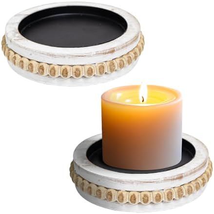 Candle Pedestal for Pillar Candle Set of 2, Rustic Round Beaded Risers Wood Tray, Farmhouse Wood Beaded Trayfor Tiered Tray, Candle, Mug Display Decorative, Table Centerpiece, Antique White by CEDARLUX
