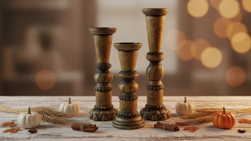 Round Wooden Decorative Candle Holder Rustic Wooden Pillar Candle Holders Set of 3, 18'' 15'' 12'' Farmhouse Wood Candle Stand Vintage Candleholders Decor for Living Room, Black - Image 2