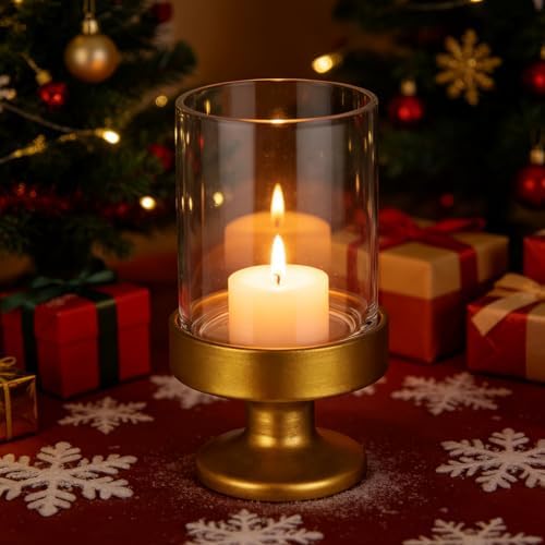 5" Wide Glass Hurricane Candle Holders and Glass Vase with Metal Base in Antique Brass, Handmade and Sturdy Glass, Pillars, Flower Arrangement, Centerpiece, Dining Table, Console Table, Mantel - Image 3