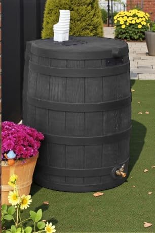Rain Wizard, 40 Gallon Capacity, Wood Texture Design, Brass Spigot, Flat Top (Black)