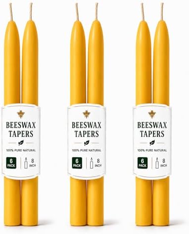 Beeswax Taper Candles,6 Pack, 8 Inch, Unscented Yellow by Capaniel