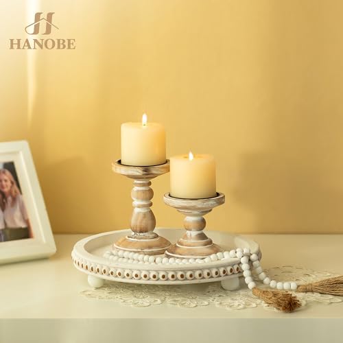 Hanobe Decorative Tray for Home Decor Round Wooden Candle Holder Beads Edge - Image 2
