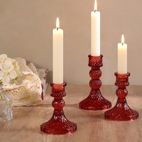 DARJEN Red Glass Candlestick Holders Set of 6, 4" H & 5" H Taper Candle Holders for Candlesticks & Pillar Candles, Diamond Candle Holders for Wedding Party Table Centerpiece, Home Decor - Image 3