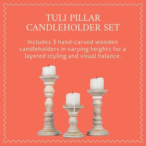 Mela Artisans Mango Wood Candle Holders - Whitewash Finish, Set of 3 - Image 3