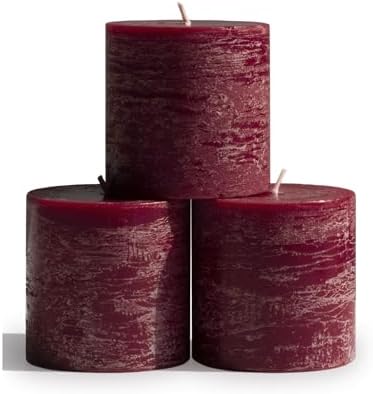 CANDWAX 3x3 Pillar Candles Set of 3 - Rustic Unscented No Drip Burgundy Candles for Home Decor, Weddings, Centerpieces by CANDWAX