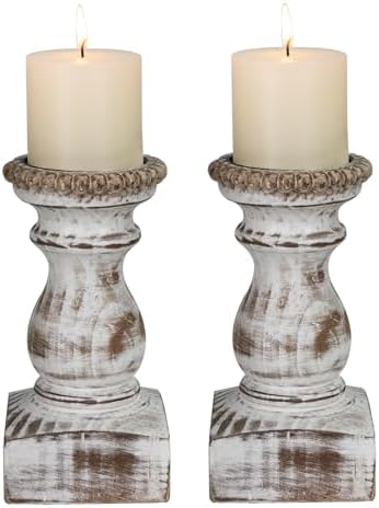 Candle Holder for Pillar Candle Set of 2, Farmhouse Wood Candle Holder, Rustic Wooden Candle Stand, Vintage Wooden Candlestick Holders Decorative for Living Room, Table Centerpiece, Washe White by CEDARLUX