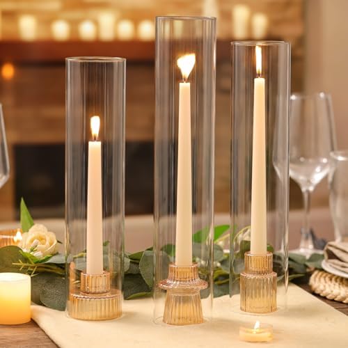 NITIME 9 Set Hurricane Glass Candle Holders for Table Centerpieces, Gold Candlestick Holders with Windproof Cylinder Covers(11.8"/12.6"/13.8" H), Taper Candle Holders for Wedding, Party and Home Decor - Image 6