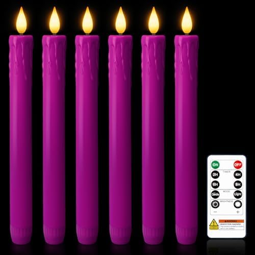 Homemory 6 Pcs Real Wax Purple Flameless Taper Candles with Remote Timer, 9.6 Inches LED Fake Candlesticks, LED Candle with 3D Flickering Flame for Romantic Wedding, Dinner, Xmas Anniversary Decor by Homemory