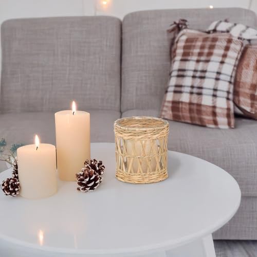 Rustic Cattail Woven Tea Light Holder, Seagrass Glass Candle Holder, Table Candle Holder Decor, Vintage Candlestick Holders, Wicker Tea Light Holder, Farmhouse/Home Decor (Original Color - 2 Pack) - Image 4