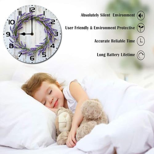 Lavender Wooden Silent Non-Ticking 10 Inch Round Clocks Battery Operated Analog for Living Room Kitchen Bedroom Bathroom Office Home School Decor