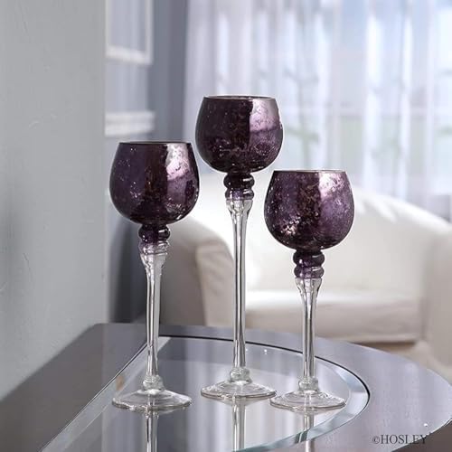 Hosley Set of 3 Crackle Purple Glass Tealight Holders 12 Inch, 10 Inch, 9 Inch Heights for Captivating Candlelight Ambiance Radiant Elegance - Image 2