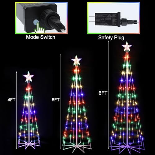 3 Pack LED Animated Outdoor Christmas Tree, 4' 5' 6' Multicolor Lightshow Lighted Cone Wire Tree with Topper Star, Christmas Outdoor Decorations Artificial Lighted Tree for Indoor Yard Patio - Image 2