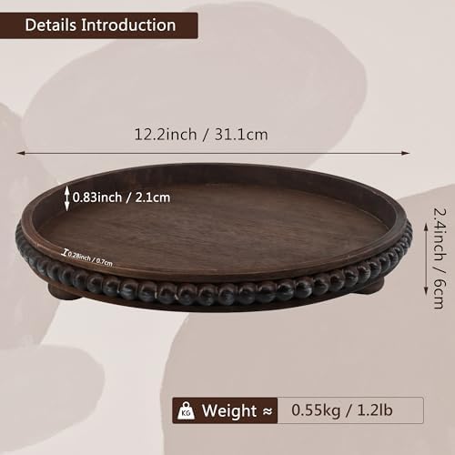 Wooden Serving Tray: 12in Brown Round Wood Butler Decorative Tray Candle Holder Trays Centerpiece Farmhouse Ottoman Tray for Decor Countertop Home Decor Accessories for Coffee Table - Image 3
