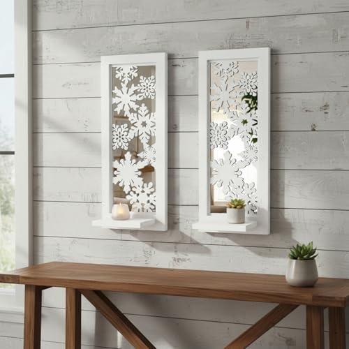 ZEXUIRU 2 Set Rustic Candle Sconces Living Room Bedroom Entryway Wood Mirrored, Farmhouse, Carved Frame Wall-Mount Wooden Candle Holders Wall Decor Hanging Handmade Holder - Distressed White - Image 2