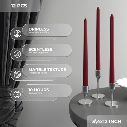 CANDWAX 12 inch Burgundy Taper Candle Set of 12 - Unscented Smokeless Dripless Candlesticks - Candle Sticks for Christmas Decorations, Party Décor, Dinner Table Centerpieces - Burgundy Tapers - Image 3