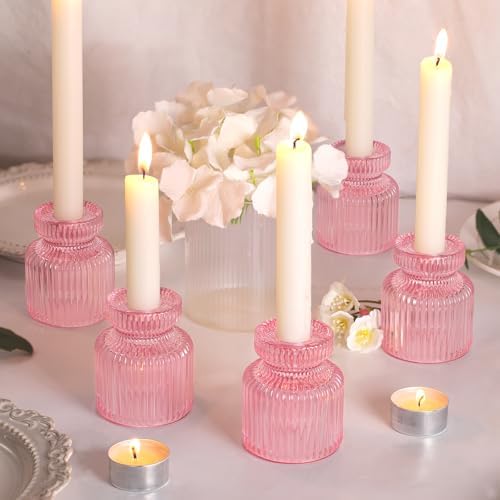DARJEN 6 Pcs Pink Candlestick Holders - Glass Taper Candle Holders Tealight Votive Candle Holders for Table Centerpieces, Wedding, Dinner Party, Home, Gifts - Image 5