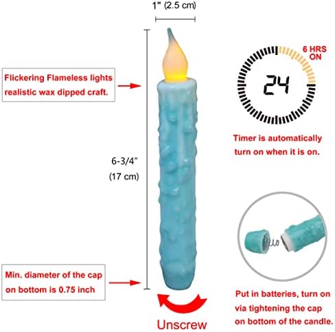 CVHOMEDECO. Real Wax Hand Dipped Battery Operated LED Timer Taper Candles Rustic Primitive Flameless Lights Decor, 6-3/4 Inch, Teal, 2 PCS in a Package - Image 6