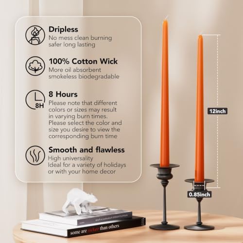 New Burning Formula Unscented Dripless 12-Inch Taper Candles Set of 12 - Orange, for Wedding, Dinner - Smokeless, Long Burning - Hand Poured, Colored Tall Candlesticks - Naranja - Image 2