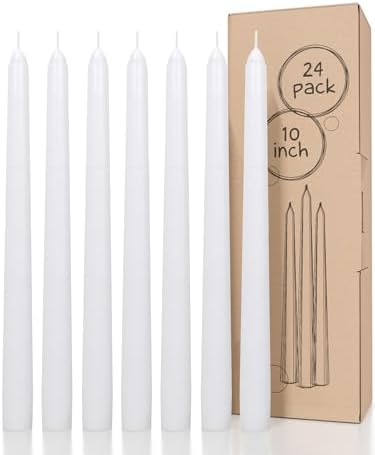 CANDWAX 10 inch White Taper Candles - 24 Pack for Wedding Table Decor & Centerpieces - Dripless Smokeless Long Lasting Unscented Candlesticks - Value Set for Dinner Table & Home Decor by CANDWAX
